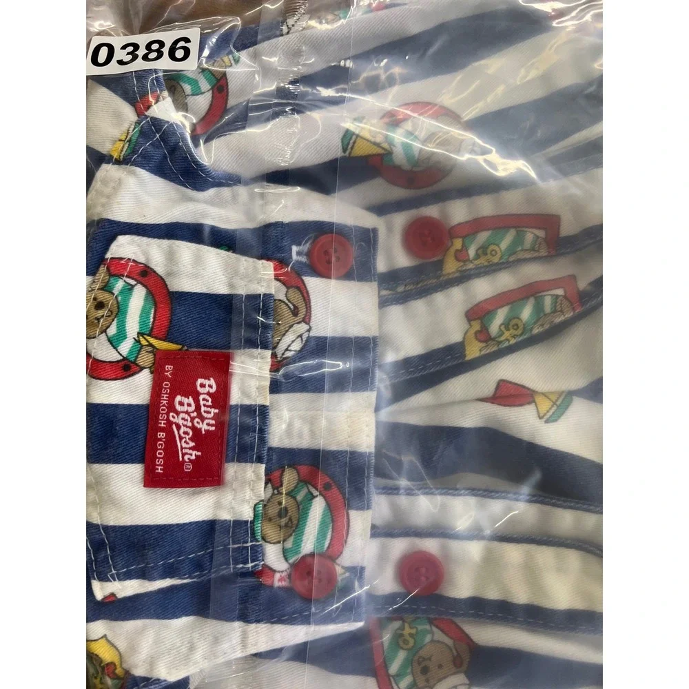 Baby OshKosh Shortall Bubble Overalls 12M Blue White Striped Sailor Bear VTG 80s